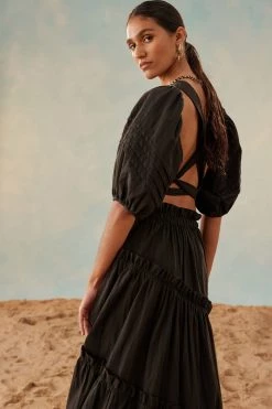 Shona Joy ELLA SHORT SLEEVE TIE BACK CROP TOP - COAL TOPS