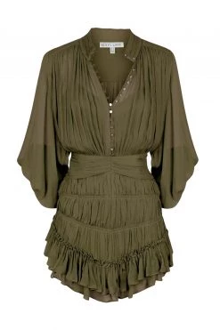 Shona Joy IRIS BUTTON UP RUCHED MINI DRESS - CUMIN