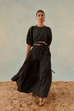 Shona Joy ELLA DRAWSTRING ASYMMETRIC MIDI SKIRT - COAL SKIRTS