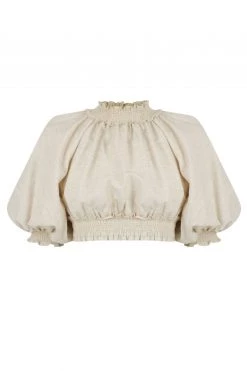 Shona Joy FIONA BALLOON SLEEVE SHIRRED CROP TOP - OATMEAL