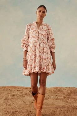 Shona Joy DRESSES FLOR LINEN BALLOON SLEEVE PIN TUCK TIERED MINI DRESS
