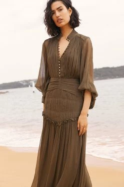 Shona Joy IRIS BUTTON UP RUCHED MIDI DRESS - CUMIN