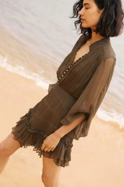 Shona Joy IRIS BUTTON UP RUCHED MINI DRESS - CUMIN