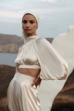 Shona Joy TOPS LA LUNE HIGH NECK TIE UP CROP TOP - CREAM