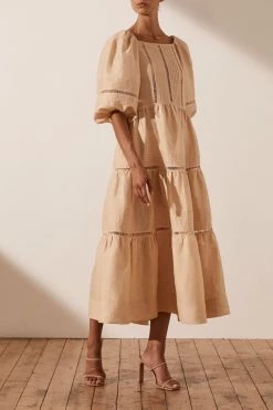 Shona Joy JOIA LINEN PIN TUCK PUFF SLEEVE MIDI DRESS - BISCUIT