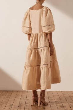 Shona Joy JOIA LINEN PIN TUCK PUFF SLEEVE MIDI DRESS - BISCUIT