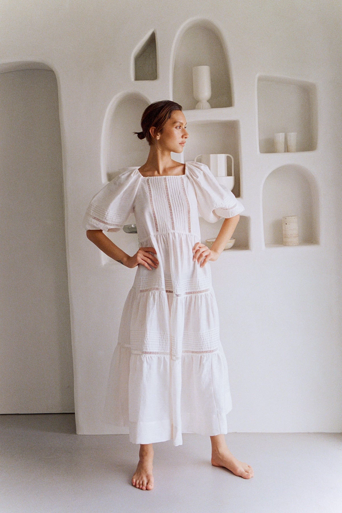 Shona Joy JOIA LINEN PIN TUCK PUFF SLEEVE MIDI DRESS - IVORY 2 Shona Joy JOIA LINEN PIN TUCK PUFF SLEEVE MIDI DRESS - IVORY