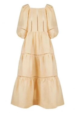 Shona Joy JOIA LINEN PIN TUCK PUFF SLEEVE MIDI DRESS - BISCUIT