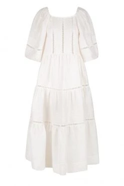 Shona Joy JOIA LINEN PIN TUCK PUFF SLEEVE MIDI DRESS - IVORY