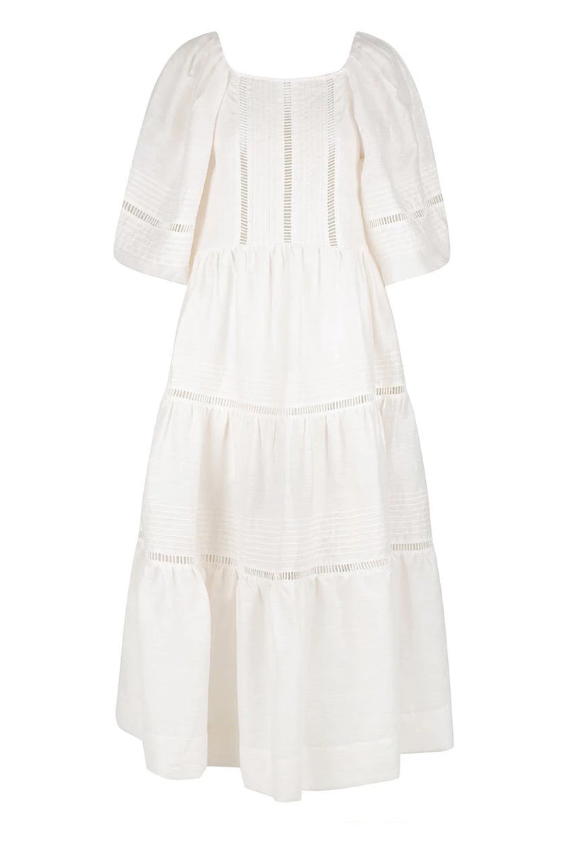 Shona Joy JOIA LINEN PIN TUCK PUFF SLEEVE MIDI DRESS - IVORY 1 Shona Joy JOIA LINEN PIN TUCK PUFF SLEEVE MIDI DRESS - IVORY