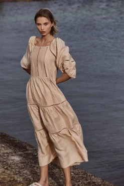 Shona Joy JOIA LINEN PIN TUCK PUFF SLEEVE MIDI DRESS - BISCUIT