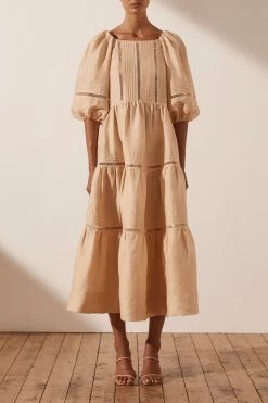 Shona Joy JOIA LINEN PIN TUCK PUFF SLEEVE MIDI DRESS - BISCUIT