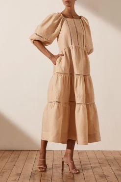 Shona Joy JOIA LINEN PIN TUCK PUFF SLEEVE MIDI DRESS - BISCUIT
