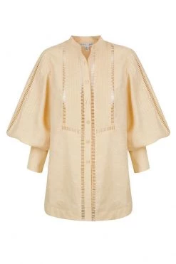 Shona Joy JOIA LINEN PIN TUCK TUXEDO SHIRT - BISCUIT TOPS