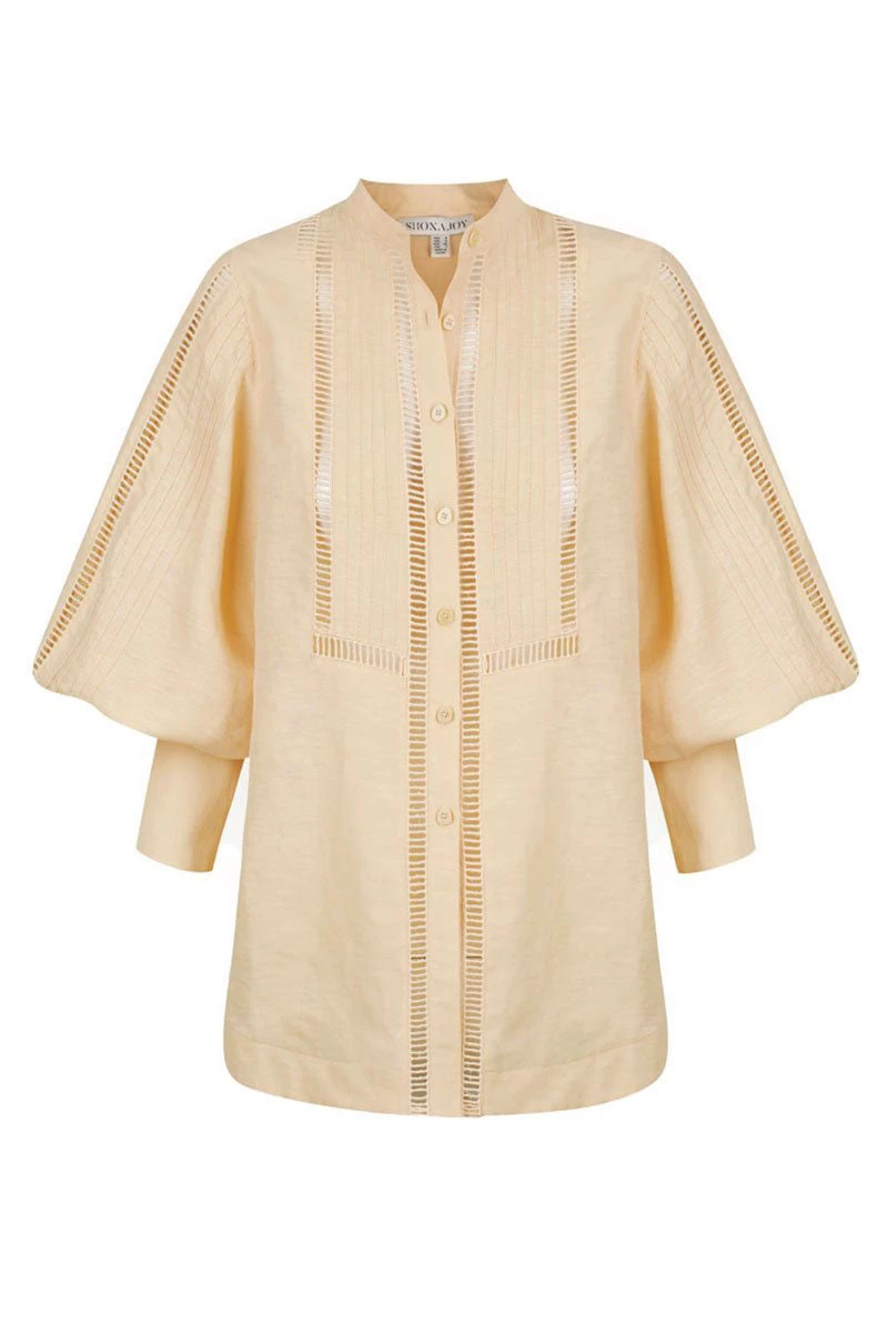 Shona Joy JOIA LINEN PIN TUCK TUXEDO SHIRT - BISCUIT TOPS 1 Shona Joy JOIA LINEN PIN TUCK TUXEDO SHIRT - BISCUIT TOPS