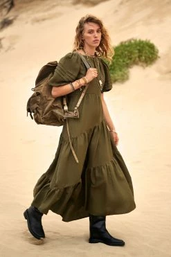 Shona Joy JULIANA LINEN SHORT SLEEVE OPEN BACK MIDI DRESS - FOREST DRESSES