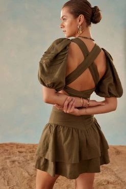 Shona Joy TOPS JULIANA LINEN SHORT SLEEVE TIE BACK CROP TOP - FOREST