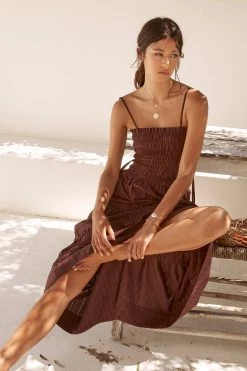 Shona Joy DRESSES KAIA SHIRRED TIERED MIDI DRESS - CHOCOLATE