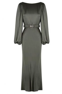 Shona Joy LA LUNE BALLOON SLEEVE MIDI DRESS WITH BELT - OLIVE DRESSES