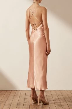 Shona Joy DRESSES LA LUNE ASYMMETRICAL BIAS COWL MIDI DRESS - DESERT ROSE