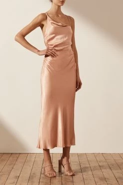 Shona Joy DRESSES LA LUNE ASYMMETRICAL BIAS COWL MIDI DRESS - DESERT ROSE