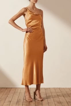 Shona Joy DRESSES ALMA ASYMMETRICAL BIAS COWL MIDI DRESS - TURMERIC