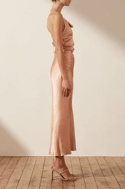 Shona Joy DRESSES LA LUNE ASYMMETRICAL BIAS COWL MIDI DRESS - DESERT ROSE