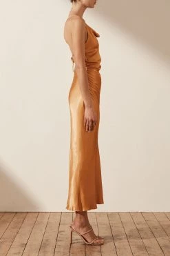 Shona Joy DRESSES ALMA ASYMMETRICAL BIAS COWL MIDI DRESS - TURMERIC