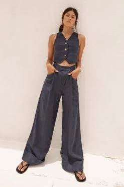Shona Joy SHORTS & PANTS LIGIA LINEN ASYMMETRIC WIDE LEG PANT - NAVY