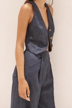 Shona Joy LIGIA LINEN TAILORED FITTED VEST - NAVY