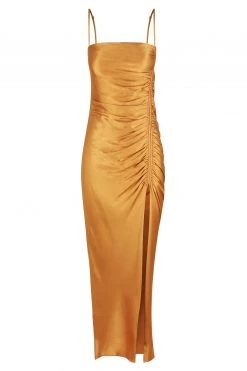 Shona Joy LILY BIAS RUCHED MIDI DRESS - TURMERIC DRESSES