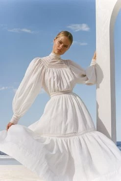 Shona Joy DRESSES LOLA LINEN HIGH NECK BALLOON SLEEVE MIDI DRESS - RICE