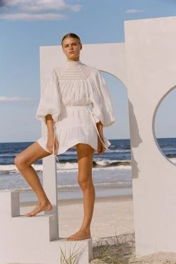 Shona Joy LOLA LINEN HIGH NECK BALLOON SLEEVE MINI DRESS - RICE