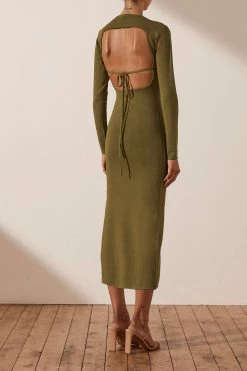Shona Joy LYON LONG SLEEVE BACKLESS MIDI DRESS - OLIVE