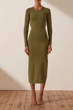 Shona Joy LYON LONG SLEEVE BACKLESS MIDI DRESS - OLIVE