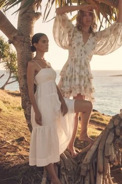 Shona Joy MAYA LINEN PIN TUCK OPEN BACK TIERED MIDI DRESS - IVORY