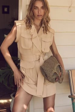 Shona Joy MATILDA LINEN UTILITY MINI DRESS - PEANUT BUTTER DRESSES