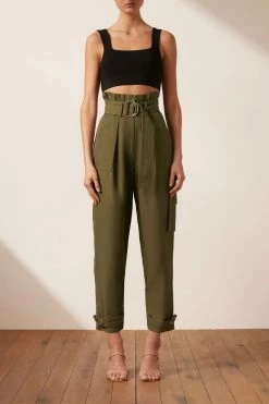 Shona Joy MATILDA LINEN UTILITY PAPERBAG PANT - FOREST SHORTS & PANTS