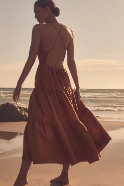 Shona Joy MAYA LINEN BACKLESS HALTER MIDI DRESS - TURMERIC DRESSES