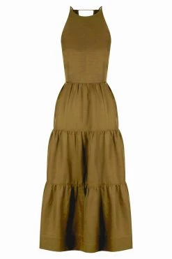 Shona Joy MAYA LINEN OPEN BACK TIERED MIDI DRESS - CUMIN DRESSES