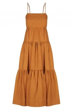 Shona Joy MAYA LINEN PIN TUCK OPEN BACK TIERED MIDI DRESS - TURMERIC