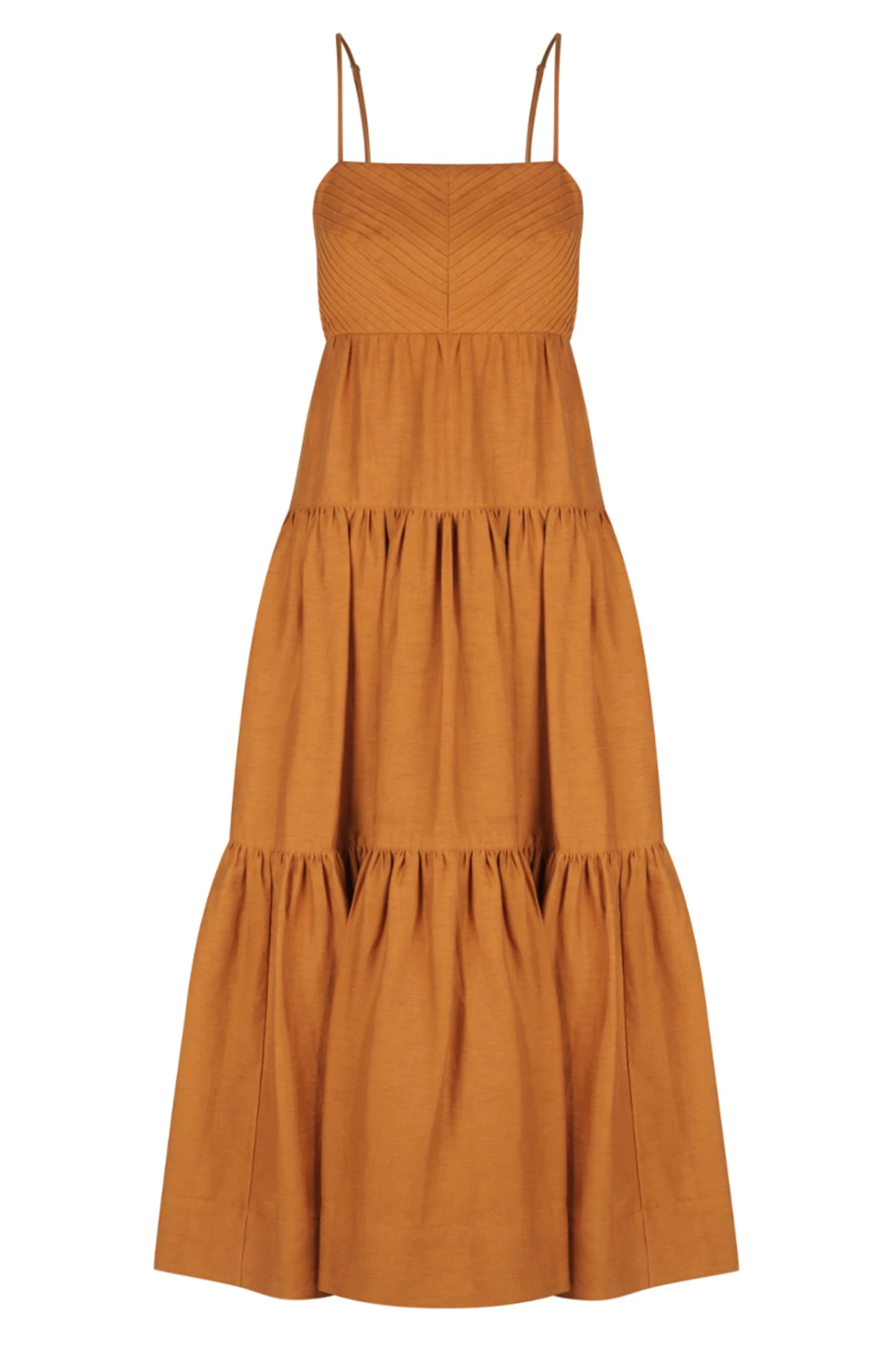 Shona Joy MAYA LINEN PIN TUCK OPEN BACK TIERED MIDI DRESS - TURMERIC 1 Shona Joy MAYA LINEN PIN TUCK OPEN BACK TIERED MIDI DRESS - TURMERIC