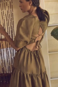 Shona Joy DRESSES MAYA LINEN SHORT SLEEVE OPEN BACK MIDI DRESS - CUMIN