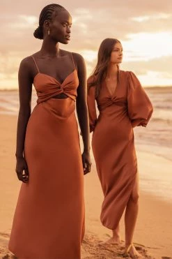 Shona Joy LUXE TWIST FRONT SLEEVELESS MIDI DRESS - MOCHA