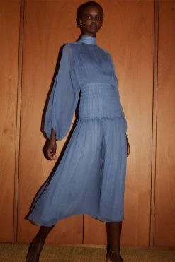 Shona Joy NOEMI LONG SLEEVE RUCHED MIDI DRESS - OCEAN