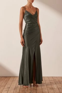 Shona Joy LA LUNE CROSS DRAPED MAXI DRESS - OLIVE DRESSES