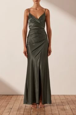 Shona Joy LA LUNE CROSS DRAPED MAXI DRESS - OLIVE DRESSES