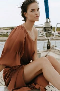 Shona Joy DRESSES LUXE TIE FRONT ONE SHOULDER DRESS - MOCHA