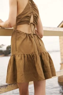Shona Joy RUBI LINEN OPEN BACK TIERED MINI DRESS - CUMIN