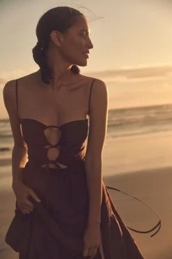 Shona Joy RUBI LINEN LACE UP BACKLESS MIDI DRESS - COCOA DRESSES